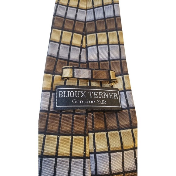 Bijoux Terner Mens Handmade Silk Neck Tie Brown Gold Silver Geometric Work Daily - Picture 5 of 12